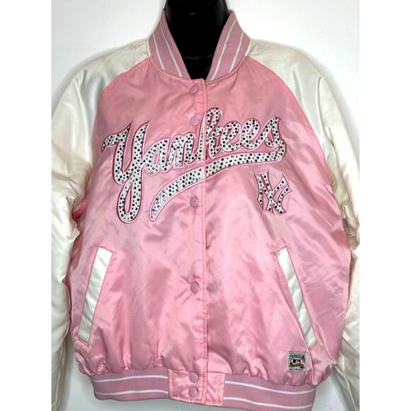 NY Yankees MLB Cooperstown Collection GIII Carl Banks pink satin bomber jacket L - Picture 2 of 13